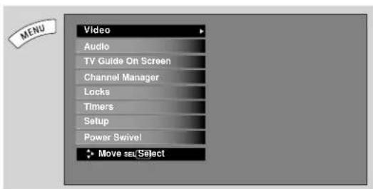 MENU Video Audio TV Guide On Screen Channel Manager Locks Timers Setup Power Swivel Move set/Select
