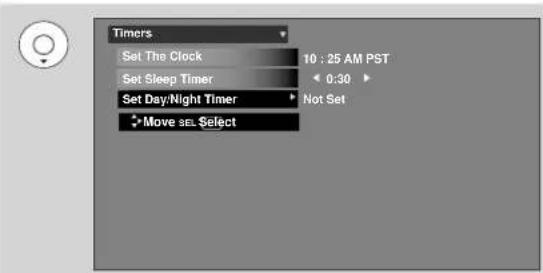 Timers Set The Clock 10 : 25 AM PST Set Sleep Timer 0:30 Set Day/Night Timer Not Set Move sel. Select