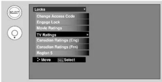 Locks Change Access Code Engage Lock Movie Ratings TV Ratings Canadian Ratings (Eng) Canadian Ratings (Fmn) Region 5 Move SEL Select
