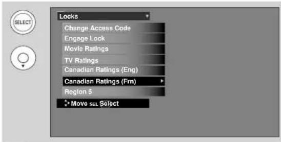 Locks Change Access Code Engage Lock Movie Ratings TV Ratings Canadian Ratings (Eng) Canadian Ratings (Fm) Region 5 Move SEL Select