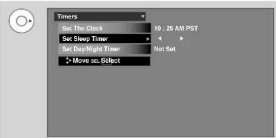 Timers Set The Clock Set Sleep Timer Set Day/Night Timer Move set. Select 10 : 25 AM PST Not Set