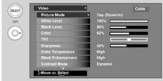 Video Picture Mode White Level Black Level Color Tint Sharpness Color Temperature Black Enhancement Contrast Mode Move sn. Select Day (Dynamic) 100% 50% 62% 50% High High Dynamic