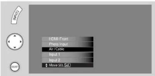 INPUTS HDMI-Front Photo Input Air/Cable Input 1 Input 2 Move SEL Sel.