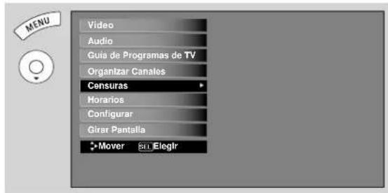 Video Audio Guía de Programas de TV Organizar Canales Censuras Horarios Configurar Girar Pantalla >Mover SRI Elegir