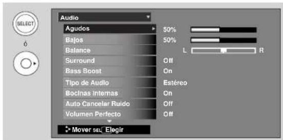 Audio Agudos 50% Bajos 50% Balance Surround Off Bass Boost On Tipo de Audio Estéreo Bocinas internas On Auto Cancelar Ruido Off Volumen Perfecto Off Mover sel Elegir
