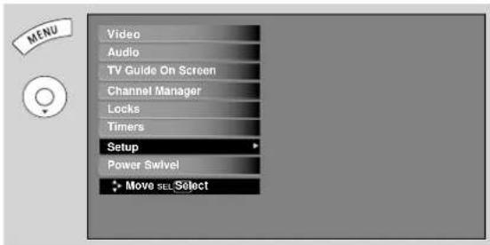 MENU Video Audio TV Guide On Screen Channel Manager Locks Timers Setup Power Swivel Move Sel:Select