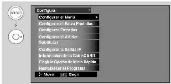 Configurar Configurar el Menú Configurar el Salva Pantallas Configurar Entradas Configurar el AV Net Subtítulos Configurar la Salida IR Información de la CableCARD Elegir la Opción de Inicio Rápido Restablecer el Programa Mover set elegir