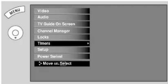 Video Audio TV Guide On Screen Channel Manager Locks Timors Setup Power Swivel Move sel Select