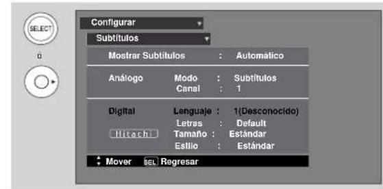 Configurar Subtitulos Mostrar Subtitulos : Automático Análogo Modo : Subtitulos Canal : 1 Digital Lenguaje : 1(Desconocido) Letras : Default Tamaño : Estándar Estillo : Estándar Mover BEL Regresar