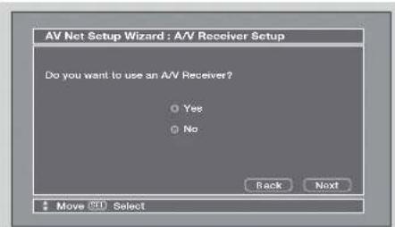 AV Net Setup Wizard : A/V Receiver Setup Do you want to use an A/V Receiver? Yes No Back Next Move Select