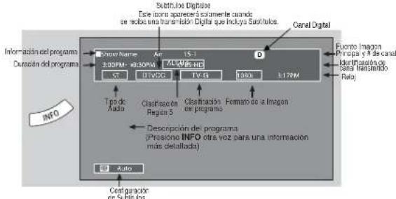 Subtulas Digitales Este íqima aparaderó solamente cuando se recbs una transmisión Díglia que incluya Subtulas. Cereal Digital Info de programa Duración del programa Show Name: An 15.1 320PM- 430PM 7L/86s HD ST 11V5G TV-10K 317PM D Tipo de Audio Clasificación Region 5 Clasificación el programa Format de la Imagen Descripción del programa (Presióno INFO otra voz para una información más detallada) Auto Configuración en Subtulas