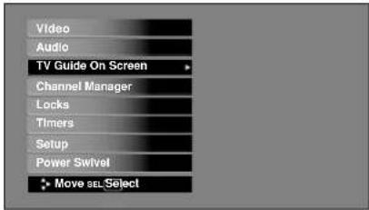 Video Audio TV Guide On Screen Channel Manager Locks Timers Setup Power Swivel Move sel Select
