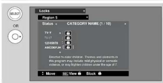 Locks Region 5 Status CATEGORY NAME (1 / 10) TV-Y TV-V7 12345678 ABCDEFGHIJKLMNOPQRSTUVWXYZ ABCDEFGHIJKLMNOPQRSTUVWXYZ Directed to order children. Themes and elements in this program may include: mild physical or comedic violence, or may lighten children under the age of 7. Move SEL View Block