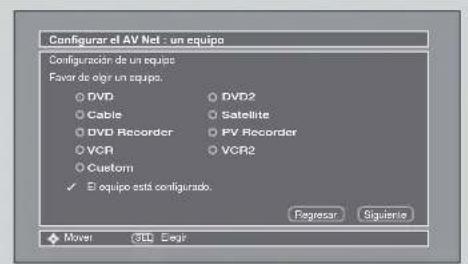 Configurar el AV Net - un equipo Configuración de un equipo Favor de oigr un equipo. DVD Cable DVD Recorder VCR Custom El equipo está configurado. DV2 Satellite PV Recorder VCR2 Regressor Siguiente Mover 300000000000000000000000000000000000000000000000000000000000000000000000000000000000000000000