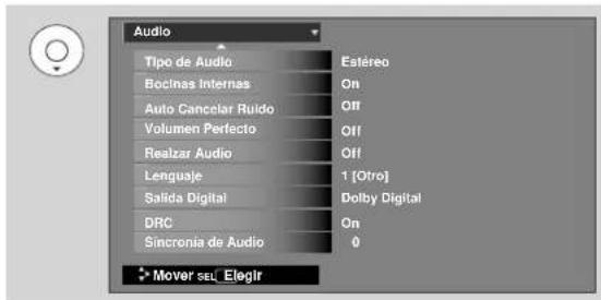 Audio Tipo de Audio Bocinas Internas Auto Cancelar Ruido Volumen Perfecto Realzar Audio Lenguaje Salida Digital DRC Sincronia de Audio Estéreo On Off Off 1 [Otro] Dolby Digital On 0 Mover sell Elegir