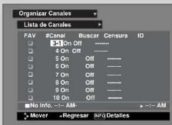 Organizar Canales Lista de Canales FAV #Canal Buscar Censura ID 3 On Off ...... 4 On Off ...... 5 On Off ...... 6 On Off ...... 7 On Off ...... 8 On Off ...... 9 On Off ...... 10 On Off ...... No Info. --- AM- Mover • Regresar Infq Detalles