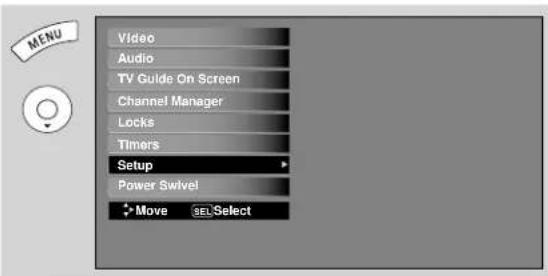 Video Audio TV Guide On Screen Channel Manager Locks Timers Setup Power Swivel Move SEL Select