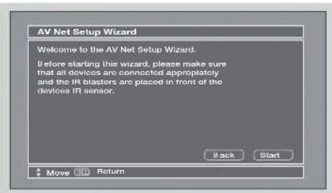 AV Net Setup Wizard Welcome to the AV Net Setup Wizard. Before starting this wizard, please make sure that all devices are connected appropriately and the IR blasters are placed in front of the devices IR sensor. Back Start Move 3D Return