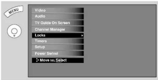 MENU Video Audio TV Guide On Screen Channel Manager Locks Timers Setup Power Swivel Move sel Select