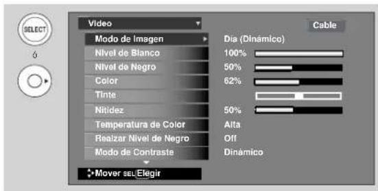 Video Mode de Imagen Nivel de Blanco Nivel de Negro Color Tinte Nitidez Temperatura de Color Realzar Nivel de Negro Modo de Contraste Mover sel.Elegir Dia (Dinámico) 100% 50% 62% 50% Alta Off Dinámico Cable