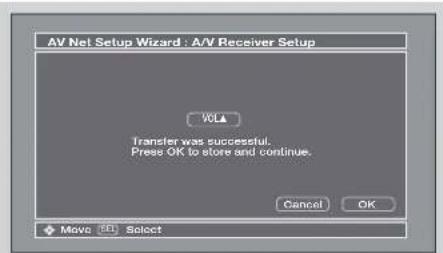 AV Net Setup Wizard : A/V Receiver Setup VOLA Transfer was successful. Press OK to store and continue. Cancel OK Move Help Select