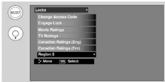 Locks Change Access Code Engage Lock Movie Ratings TV Ratings Canadian Ratings (Eng) Canadian Ratings (Fm) Region 5 Move SEL Select