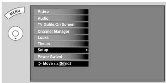 MENU Video Audio TV Guide On Screen Channel Manager Locks Timers Setup Power Swivel Move sellSelect
