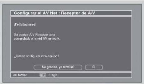 Configurar el AV Net : Receptor de A/V ¡Felliciadores! Su equipo AV Passlará esta connectado a la red AV network. ¿Desesa configurar otro equipo? No gnarlas ya terminé Si ◀◀ Miover SEL Elegir