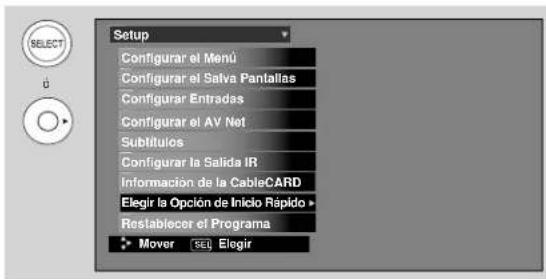 Setup Configurar el Menu Configurar el Salva Pantallas Configurar Entradas Configurar el AV Net Subtitulos Configurar la Salida IR Informacion de la CableCARD Elegir la Opción de Inicio Rápido > Restablecer el Programa Mover (SEQ) Elegir