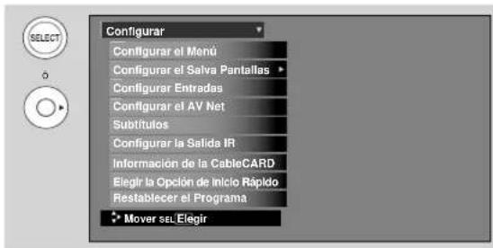 Configurar Configurar el Monú Configurar el Salva Pantallas Configurar Entrades Configurar el AV Net Subtítulos Configurar la Salida IR Información de la CableCARD Elegir la Opción de Inicio Rápido Restablecer el Programa Mover sel Elegir