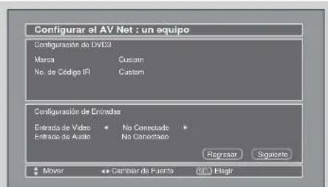 Configurar el AV Net : un equipo Configuración de DVE3 Marca Custom No. de Código IR Custom Configuración de Entredas Entrada de Vidas No Conocladado Entrada de Axide No Conocladado Regresar Siguiente Mover Cambiar de Fuerta © Flagir