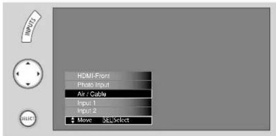 HDMI-Front Photo Input Air / Cable Input 1 Input 2 Move SELSelect