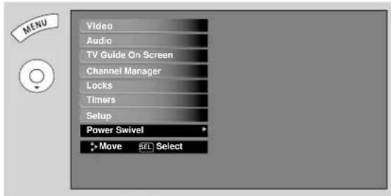 Video Audio TV Guide On Screen Channel Manager Locks Timers Setup Power Swivel Move SET Select