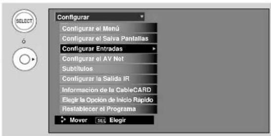 Configurar Configurar el Menú Configurar el Salva Pantallas Configurar Entradas Configurar el AV Net Subtitulos Configurar la Salida IR Informacion de la CableCARD Elegir la Opción de Inicio Rápido Restablecer el Programa Mover [SEL] Elegir