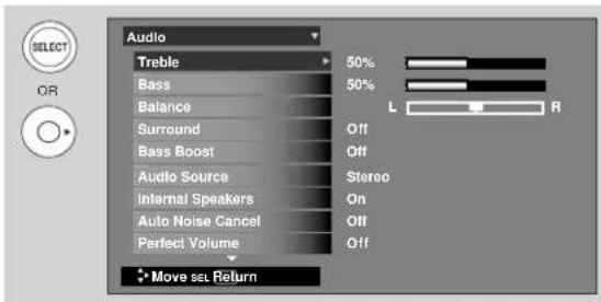 Audio Treble 50% Bass 50% Balance L R Surround Off Bass Boost Off Audio Source Stereo Internal Speakers On Auto Noise Cancel Off Perfect Volume Off Move sel Return