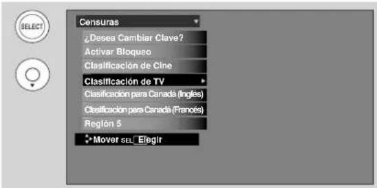 Censuras Desea Cambiar Clave? Activar Bloqueo Clasificación de Cine Clasificación de TV Clasificación para Canada (Ingles) Clasificación para Canada (Françés) Reglón 5 Mover SEL Elegir