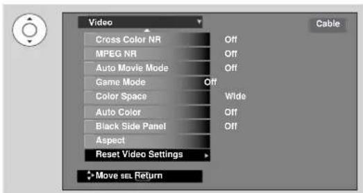 Video Cross Color NR Off MPEG NR Off Auto Movie Mode Off Game Mode Off Color Space Wide Auto Color Off Black Side Panel Off Aspect Reset Video Settings Move sel Return Cable