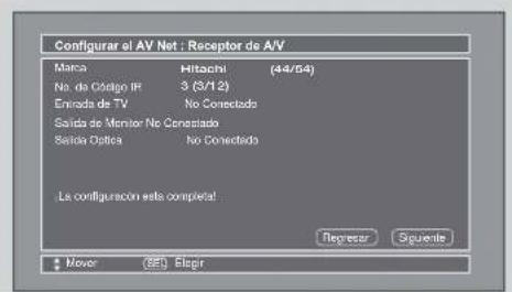 Configurar el AV Net : Receptor de A/V Marks Hitachi (44/54) No. de Código IR 3 (3/12) Eninada de TV No Correctado Salida de Menior No Cenestado Salida Optica No Correctado La configuración está completa! Regresar Siguiente Mover ©Elagir