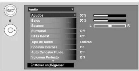 Audio Agudos 50% Bajos 50% Balance Surround Off Bass Boost Off Tipo de Audio Estéreo Bocines Internas On Auto Cancelar Ruido Off Volumen Perfecto Off Mover sel:Régresar