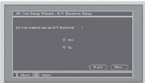 AV Net Setup Wizard : A/V Receiver Setup Do you want to use an A/V Receiver ? Yes No Back Next Move (SED) Select