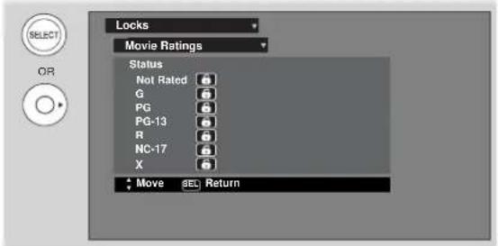 Locks Movie Ratings Status Not Rated G PG PG-13 R NC-17 X Move SEL Return