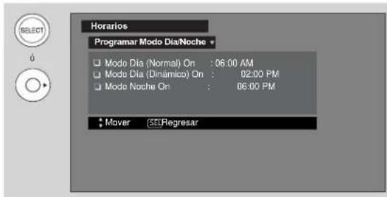 Horarios Programar Modo Dia/Noche □ Modo Dia (Normal) On : 06:00 AM □ Mode Dia (Dinámico) On : 02:00 PM □ Mode Noche On : 06:00 PM Mover SET/Regresar