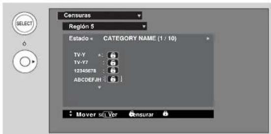 Censuras Reglón 5 Estado CATEGORY NAME (1 / 10) TV-Y TV-V7 12345678 ABCDEFGHIJKLMNOPQRSTUVWXYZ ABCDEFGHIJKLMNOPQRSTUVWXYZ Mover set Ver Censurar