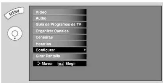 MENU Video Audio Guía de Programas de TV Organizar Canales Censuras Horarios Configurar Girar Pantalla Mover SEL Elegir