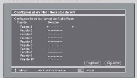 Configurar el AV Net : Receptor de A/V Configuración de las límites de Audio/Video Fuente Nombre Fuente 1 Fueite 2 Fueite 3 Fueite 4 Fueite 5 Fueite 6 Fueite 7 Fueite 8 Fueite 9 Fueite 10 Registrar Siguente Mesor Cambiar Nombre Hogir