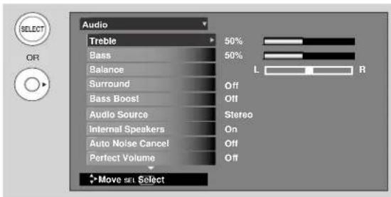 Audio Treble 50% Bass 50% Balance L R Surround Off Bass Boost Off Audio Source Stereo Internal Speakers On Auto Noise Cancel Off Perfect Volume Off Move set Select