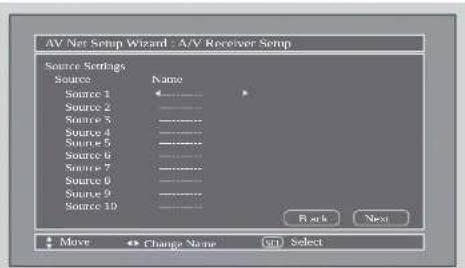 AV Net Setup Wizard : A/V Receiver Setup Source Settings Source Name Source 1 Source 2 Source 3 Source 4 Source 5 Source 6 Source 7 Source 0 Source 9 Source 10 Bark Next Move Change Name (NT) Select