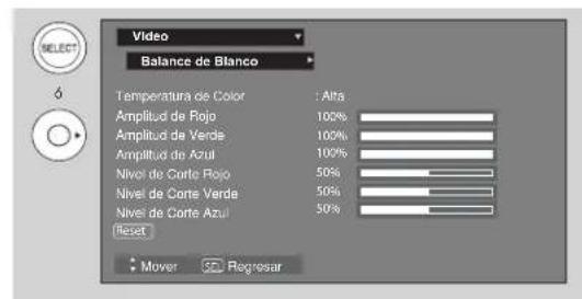 Video Balance de Blanco Temperatura de Color : Alta Amplitud de Rojo 100% Amplitud de Verde 100% Amplitud de Azul 100% Nivel de Corte Rojo 50% Nivel de Corte Verde 50% Nivel de Corte Azul 50% Reset Mover SED Regresar