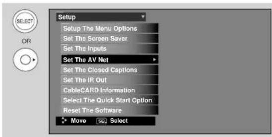 Setup Setup The Menu Options Set The Screen Saver Set The Inputs Set The AV Net Set The Closed Captions Set The IR Out CableCARD Information Select The Quick Start Option Reset The Software Move Select