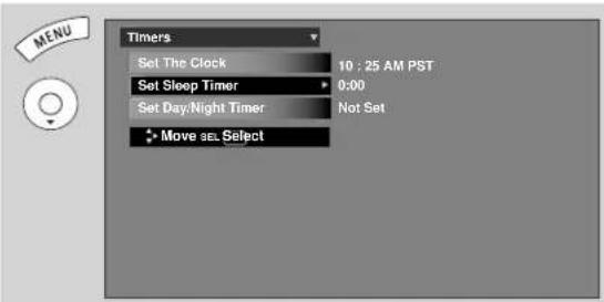 Timers Set The Clock 10 : 25 AM PST Set Sleep Timer 0:00 Set Day/Night Timer Not Set Move sel. Select